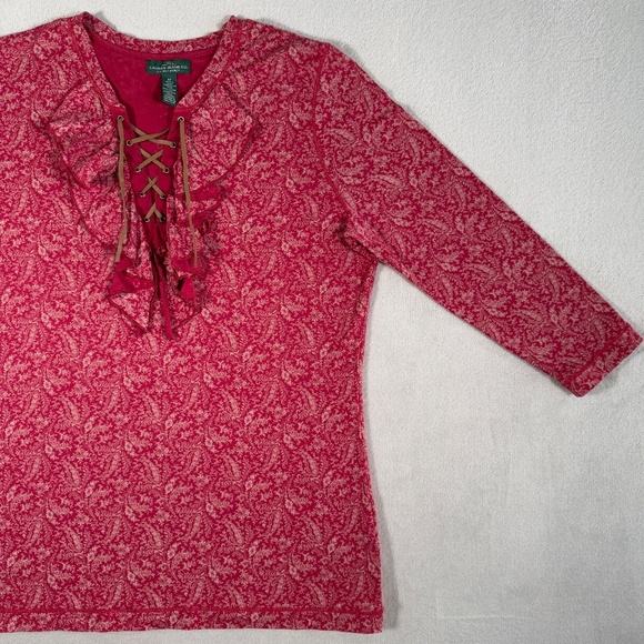 Ralph Lauren Top Womens Medium Red Paisley 3/4 Sleeve Ruffle Lace Up Southwest - Picture 3 of 15